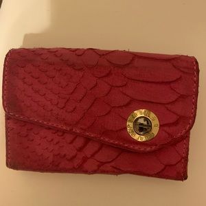 Henri Bendel hot pink suede snakeskin credit card holder with logo snap